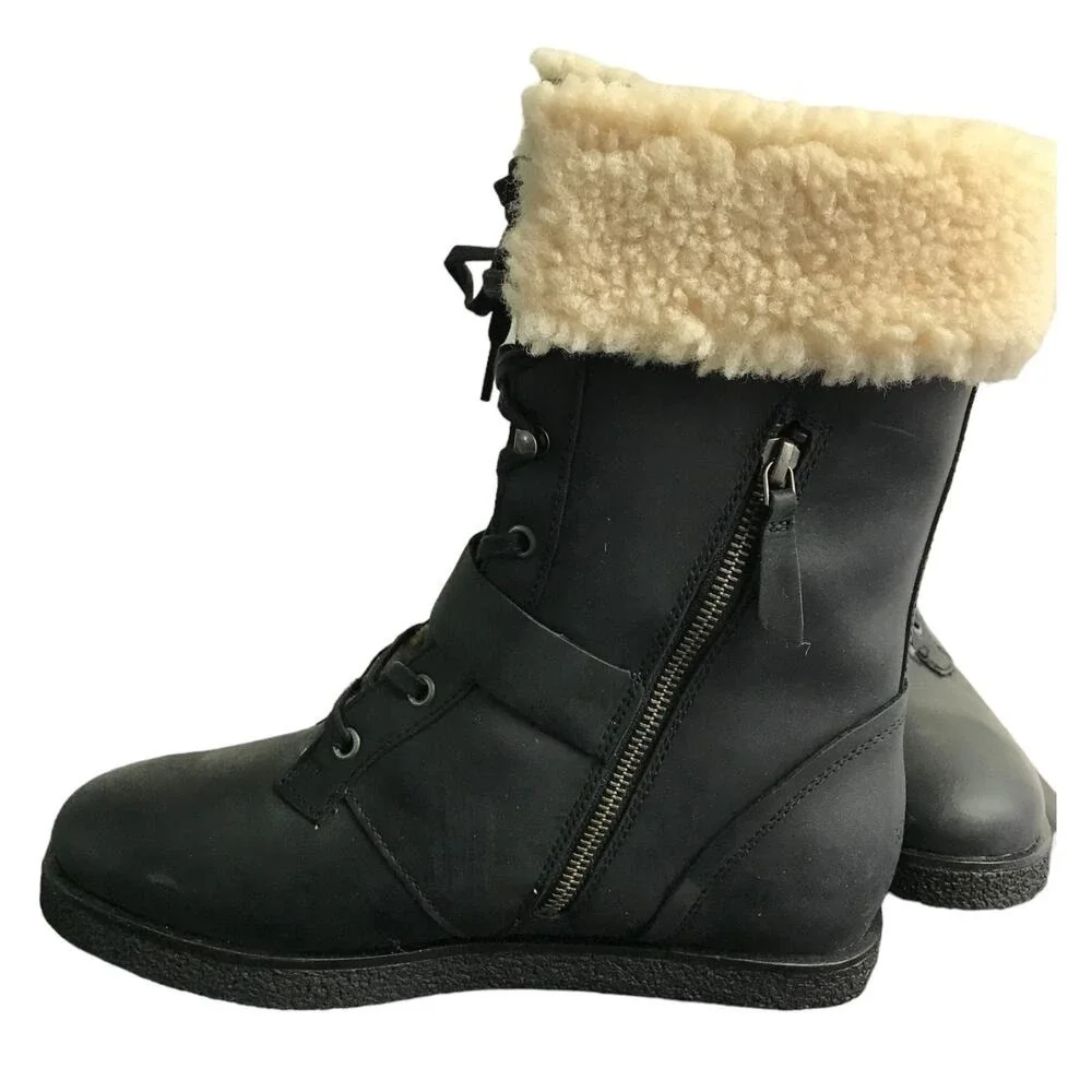 Koolaburra Boots Women 9 Gorpcore Leather Shearling Lined Lace‎ Up Side Zip Cozy